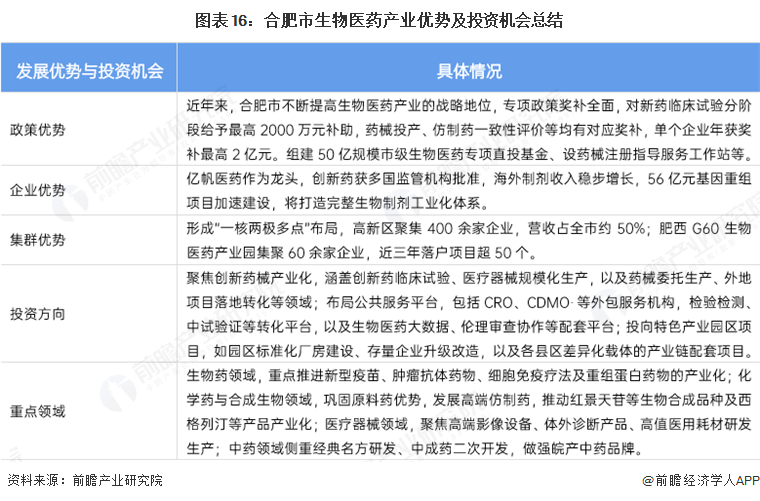 图表16：合肥市生物医药产业优势及投资机会总结
