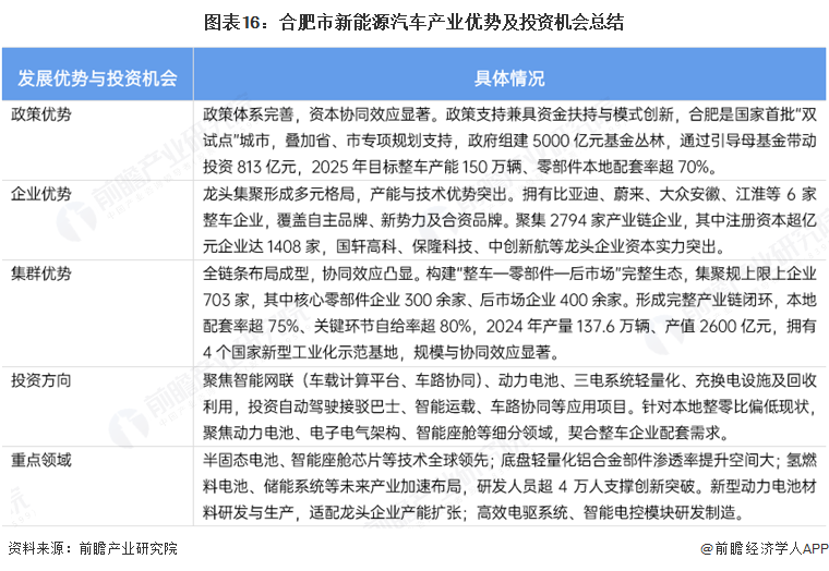 图表16：合肥市新能源汽车产业优势及投资机会总结