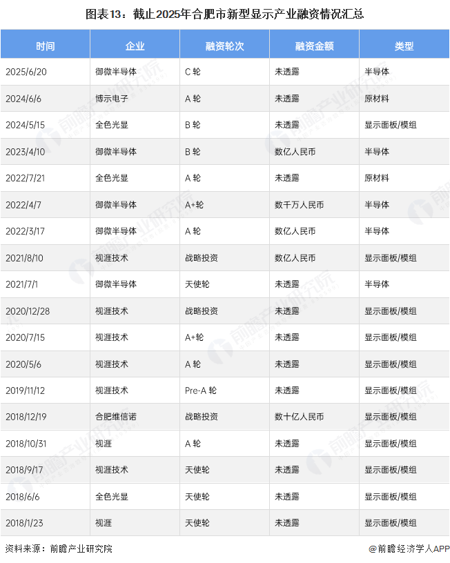 图表13：截止2025年合肥市新型显示产业融资情况汇总