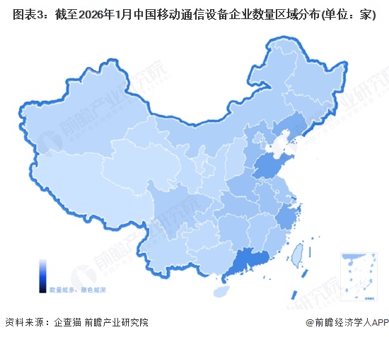 图表3：截至2026年1月中国移动通信设备企业数量区域分布(单位：家)