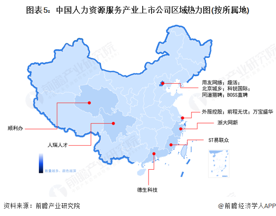 图表5：中国人力资源服务产业上市公司区域热力图(按所属地)