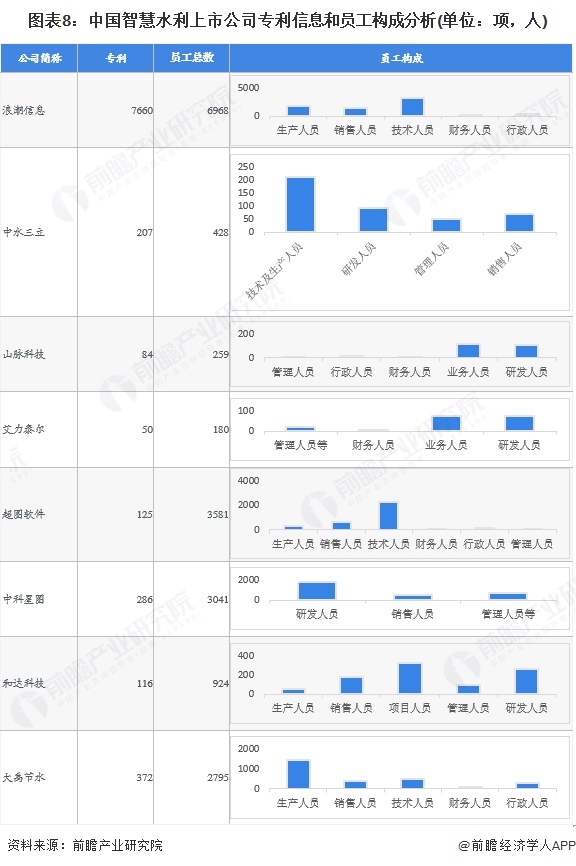 图表8：中国智慧水利上市公司专利信息和员工构成分析(单位：项，人)