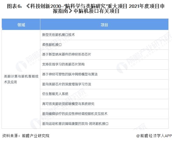 图表6：《科技创新2030&mdash;&ldquo;脑科学与类脑研究&rdquo;重大项目 2021年度项目申报指南》中脑机接口有关项目