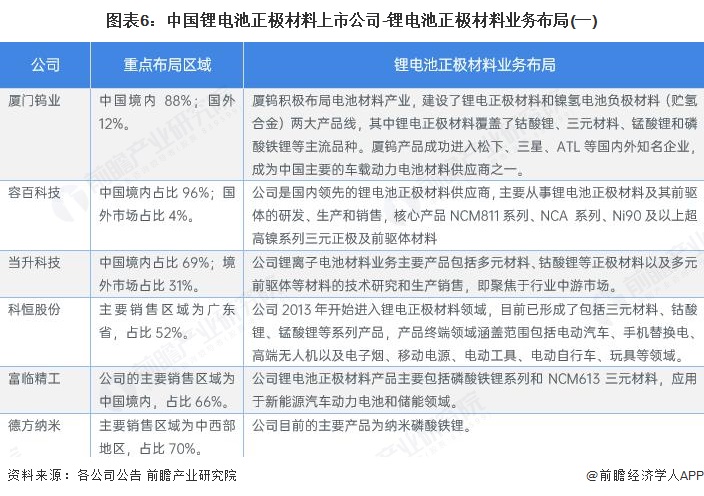 图表6：中国锂电池正极材料上市公司-锂电池正极材料业务布局(一)