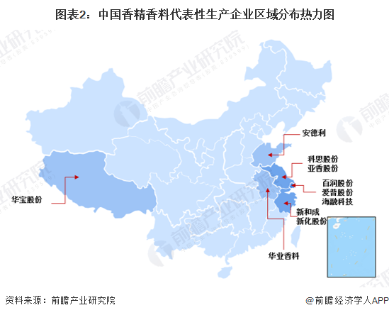 图表2:中国香精香料代表性生产企业区域分布热力图