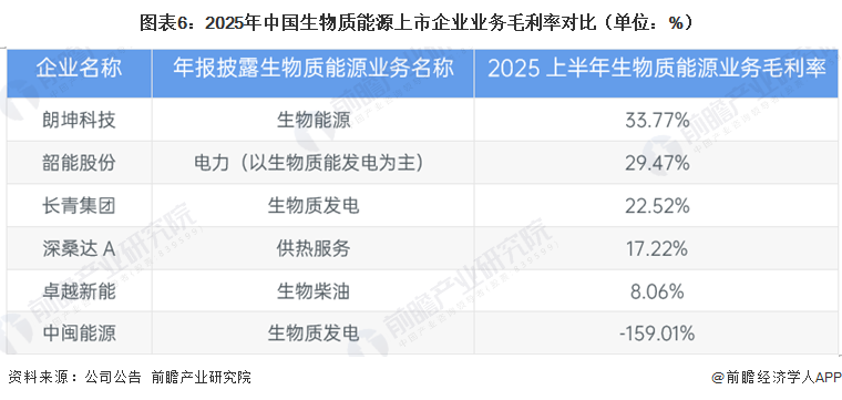 图表6：2025年中国生物质能源上市企业业务毛利率对比（单位：%）
