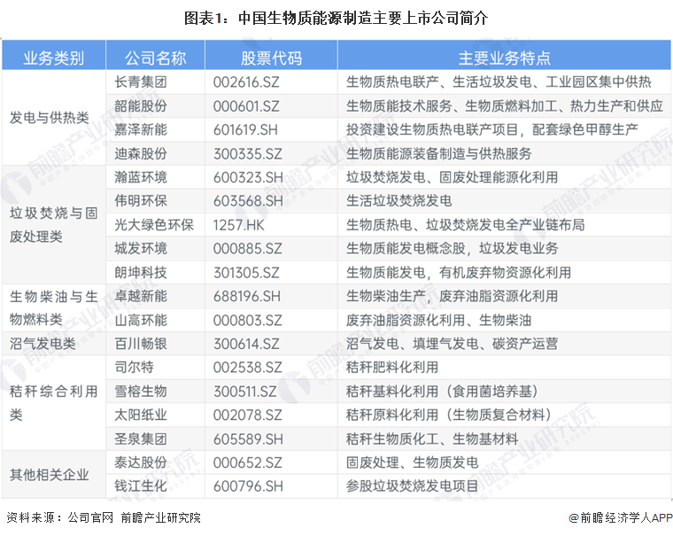 图表1：中国生物质能源制造主要上市公司简介
