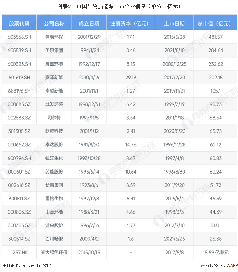 图表2：中国生物质能源上市企业信息（单位：亿元）