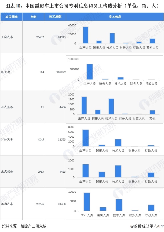 图表10:中国越野车上市公司专利信息和员工构成分析(单位:项,人)