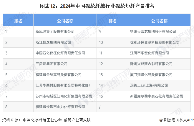 图表12：2024年中国涤纶纤维行业涤纶短纤产量排名