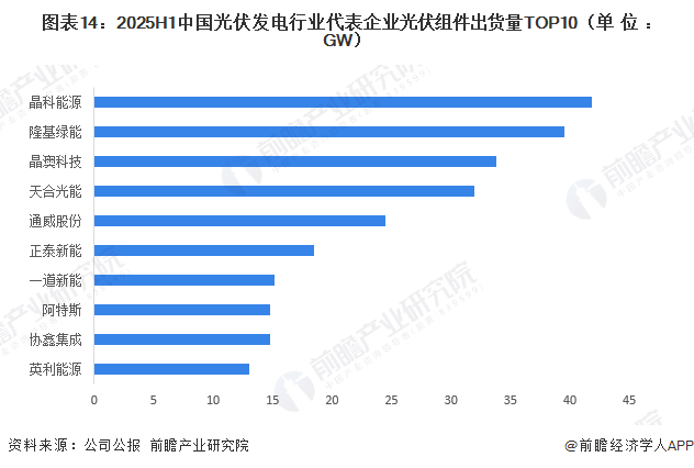图表14:2025H1中国光伏发电行业代表企业光伏组件出货量TOP10(单位:GW)