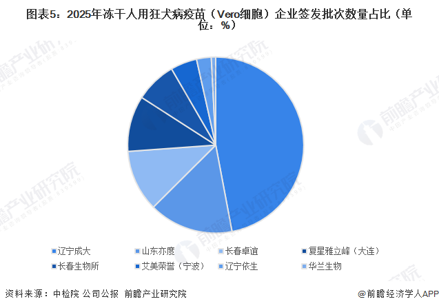 图表5:2025年冻干人用狂犬病疫苗(Vero细胞)企业签发批次数量占比(单位:%)