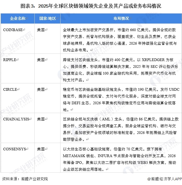 图表3：2025年全球区块链领域领先企业及其产品或业务布局情况