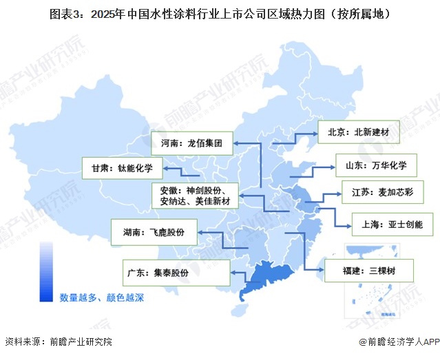 图表3：2025年中国水性涂料行业上市公司区域热力图（按所属地）