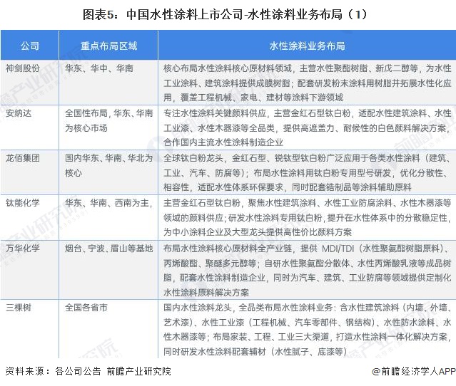 图表5：中国水性涂料上市公司-水性涂料业务布局（1）