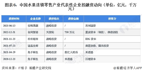 图表6：中国水果连锁零售产业代表性企业投融资动向（单位：亿元，千万元）