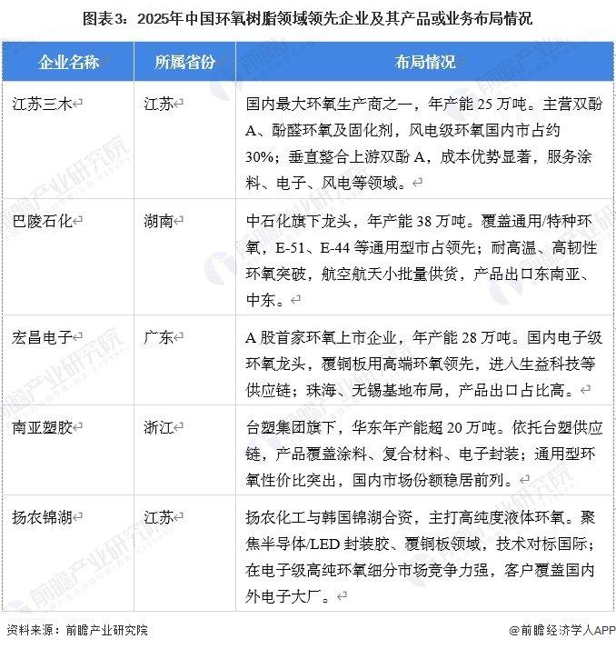 图表3：2025年中国环氧树脂领域领先企业及其产品或业务布局情况