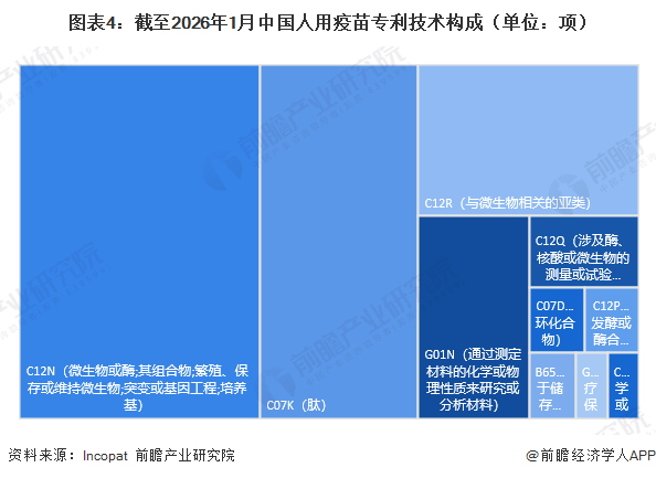 图表4：截至2026年1月中国人用疫苗专利技术构成（单位：项）
