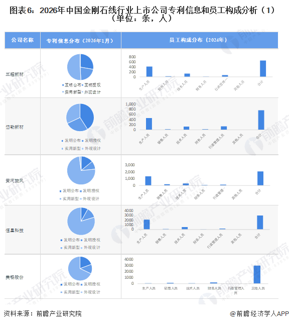 图表6：2026年中国金刚石线行业上市公司专利信息和员工构成分析（1）（单位：条，人）