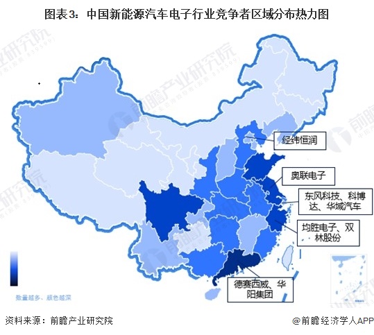图表3：中国新能源汽车电子行业竞争者区域分布热力图  