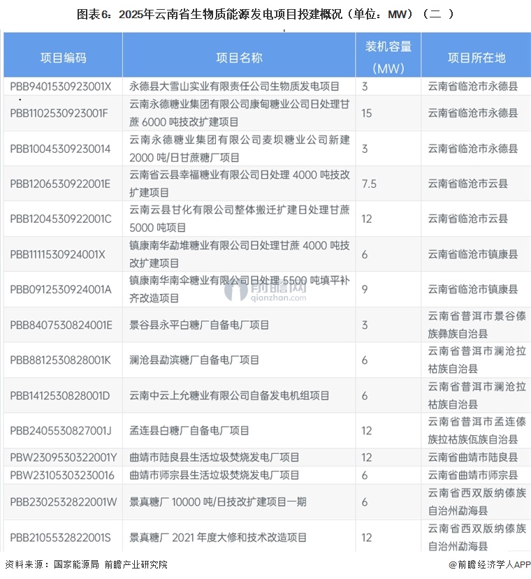 图表6：2025年云南省生物质能源发电项目投建概况（单位：MW）（二）