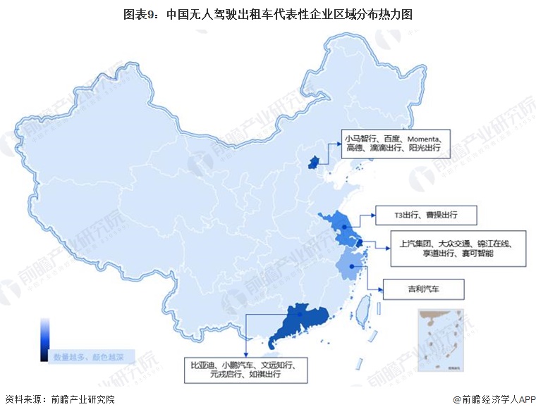 图表9：中国无人驾驶出租车代表性企业区域分布热力图