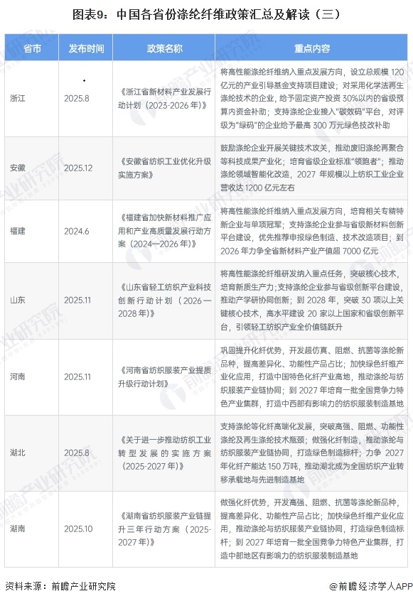 图表9：中国各省份涤纶纤维政策汇总及解读（三）