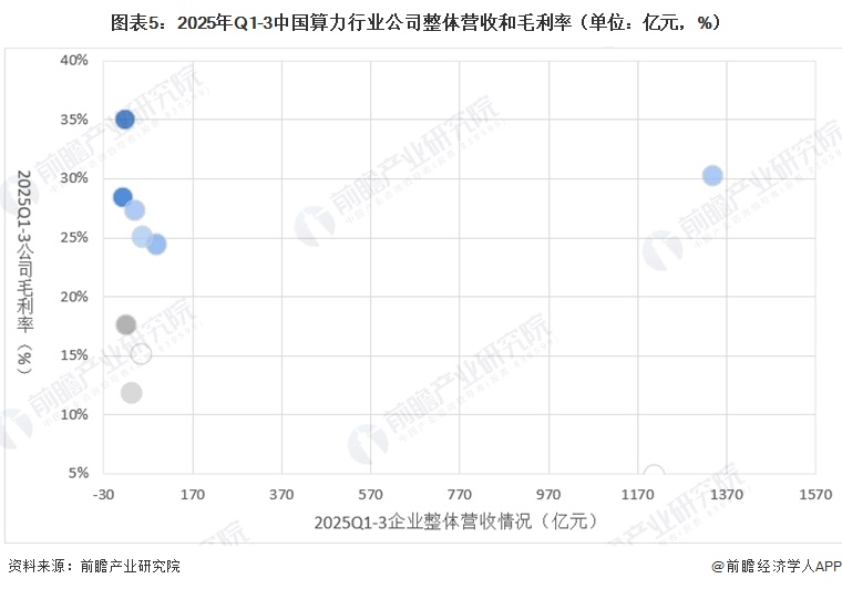 图表5：2025年Q1-3中国算力行业公司整体营收和毛利率（单位：亿元，%）  
