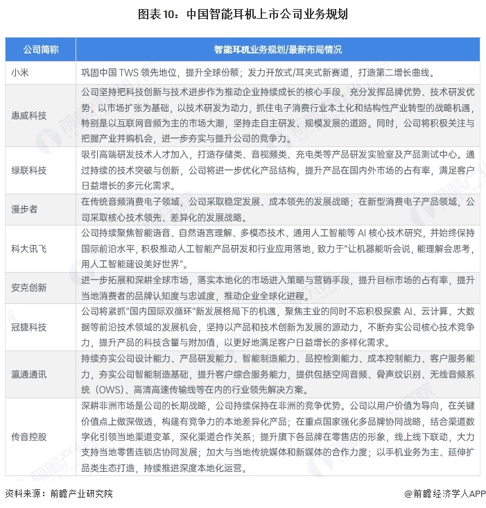 图表10：中国智能耳机上市公司业务规划