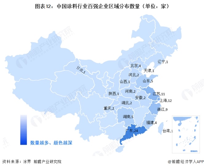 图表12：中国涂料行业百强企业区域分布数量（单位：家）  