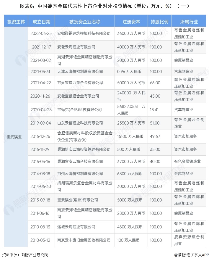 图表6：中国液态金属代表性上市企业对外投资情况（单位：万元，%）（一）