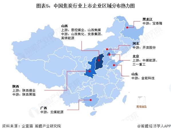 图表5:中国焦炭行业上市企业区域分布热力图