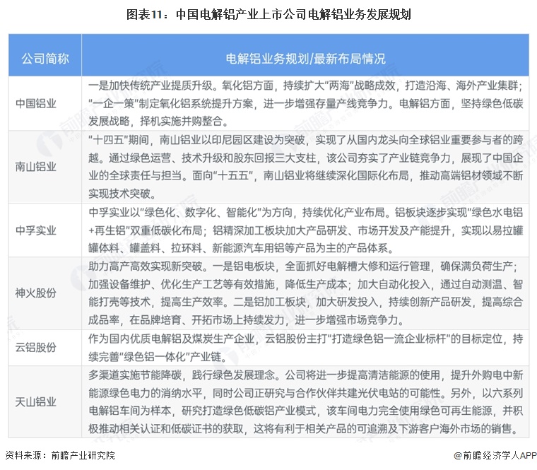 图表11:中国电解铝产业上市公司电解铝业务发展规划