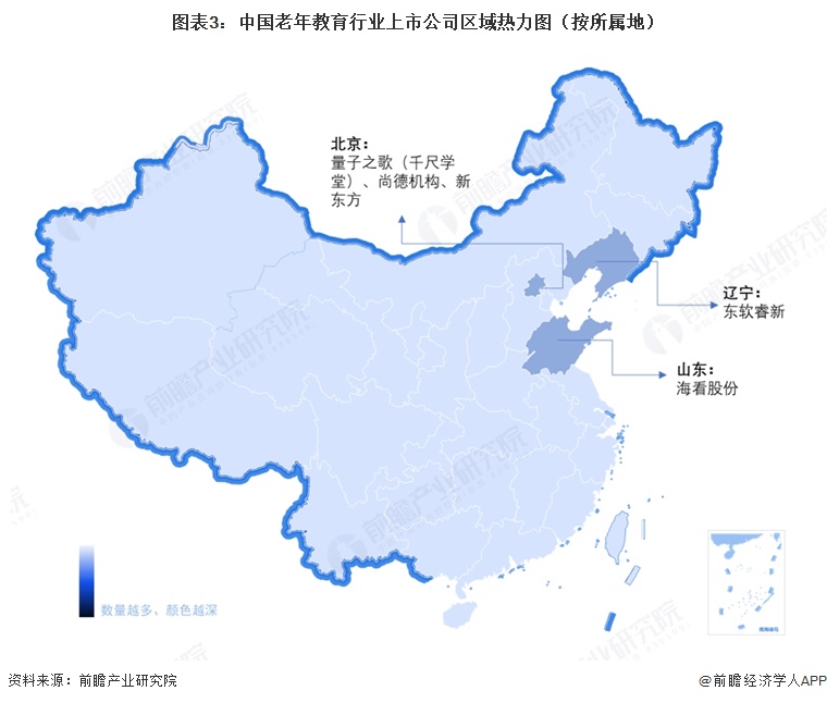 图表3:中国老年教育行业上市公司区域热力图(按所属地)