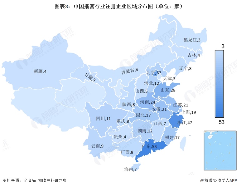 图表3：中国播客行业注册企业区域分布图（单位：家）
