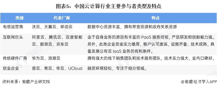 图表5：中国云计算行业主要参与者类型及特点
