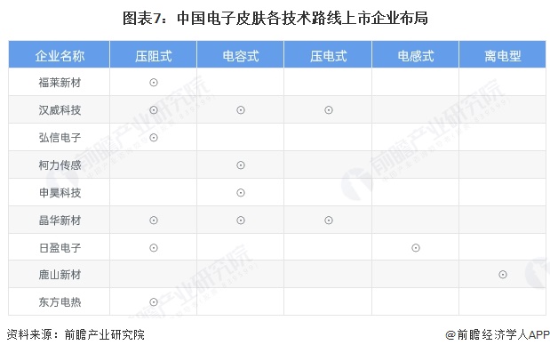 图表7:中国电子皮肤各技术路线上市企业布局