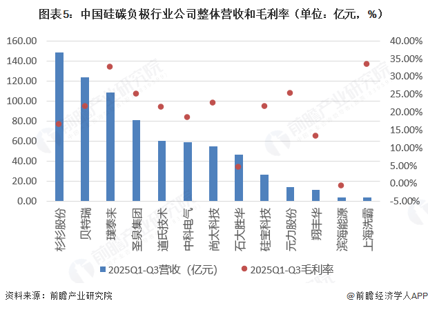 图表5:中国硅碳负极行业公司整体营收和毛利率(单位:亿元,%)