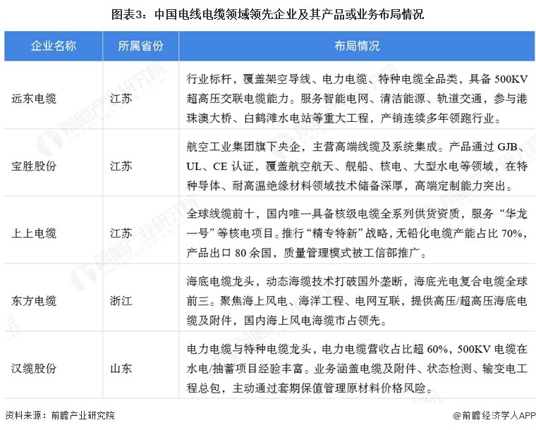 图表3:中国电线电缆领域领先企业及其产品或业务布局情况