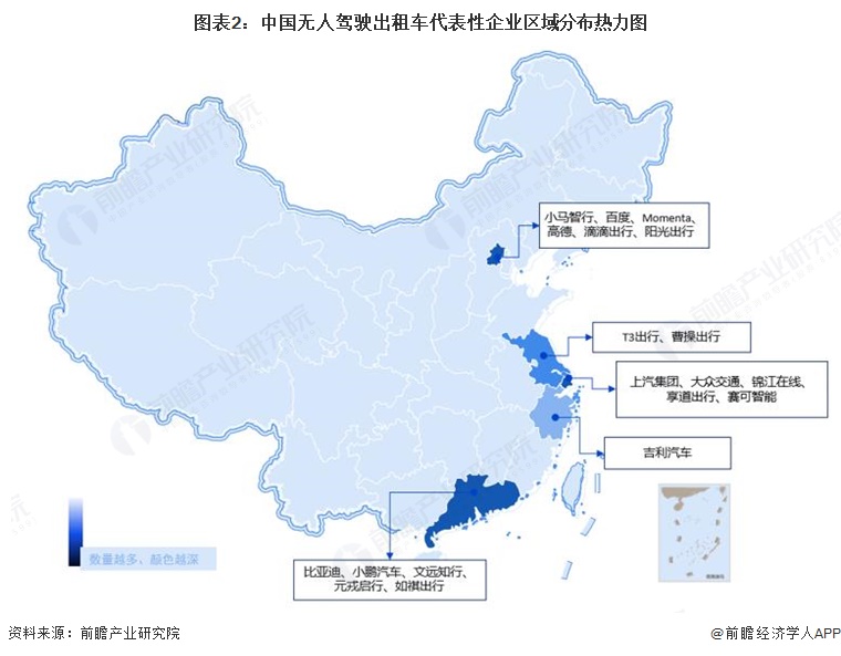 图表2:中国无人驾驶出租车代表性企业区域分布热力图