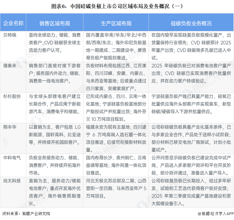 图表6：中国硅碳负极上市公司区域布局及业务概况（一）