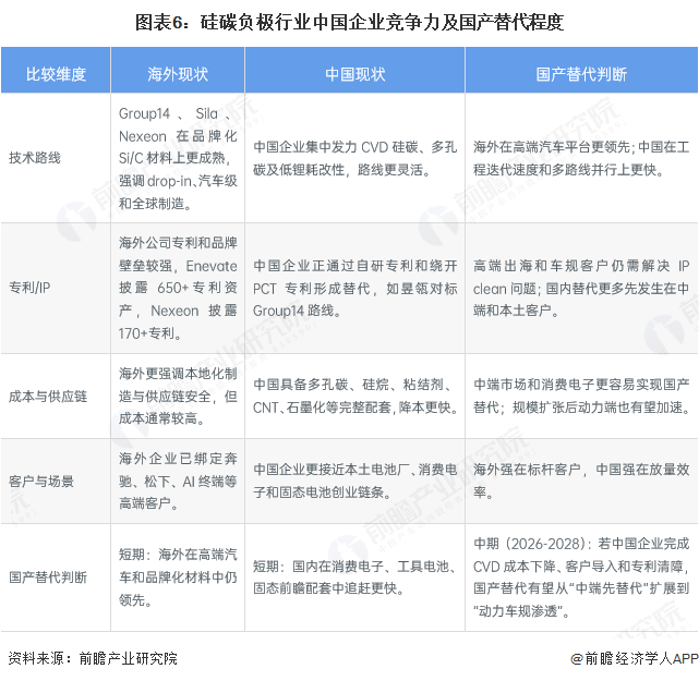 图表6:硅碳负极行业中国企业竞争力及国产替代程度