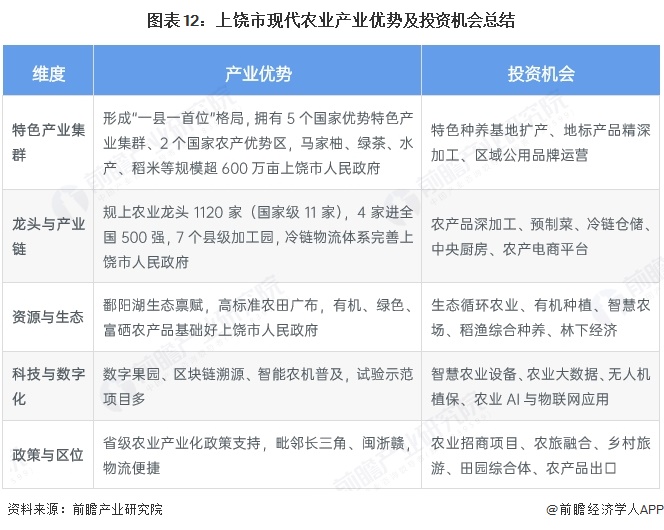图表12:上饶市现代农业产业优势及投资机会总结