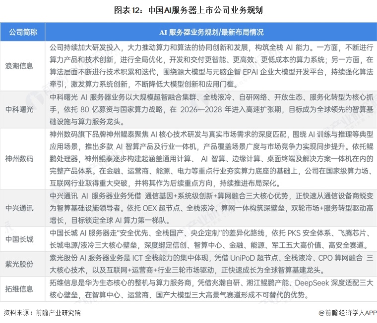 图表12：中国AI服务器上市公司业务规划